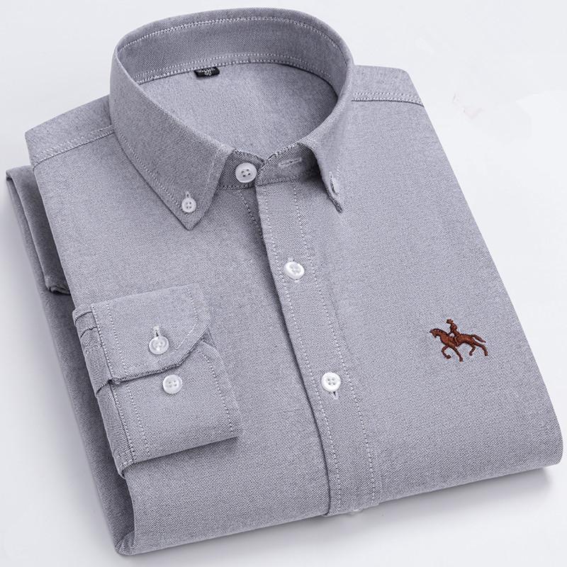 Basic Oxford Dress Shirt For Men Long Sleeve 100% Pure Cotton Solid  Casual Plaid Striped Social Business Male Regular-Fit S-6XL