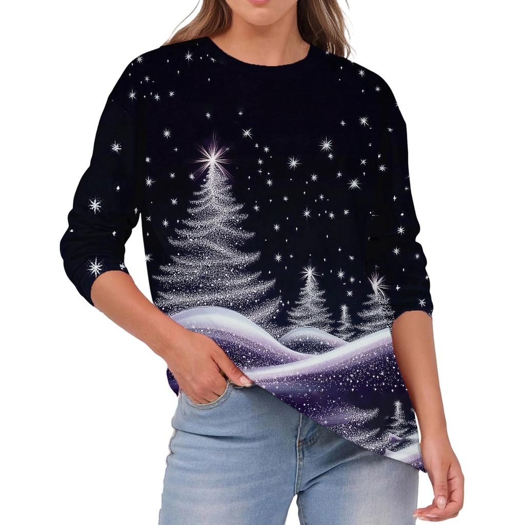 Women's Fashion Casual Christmas Print Round Neck Solid Color Long Sleeve Top