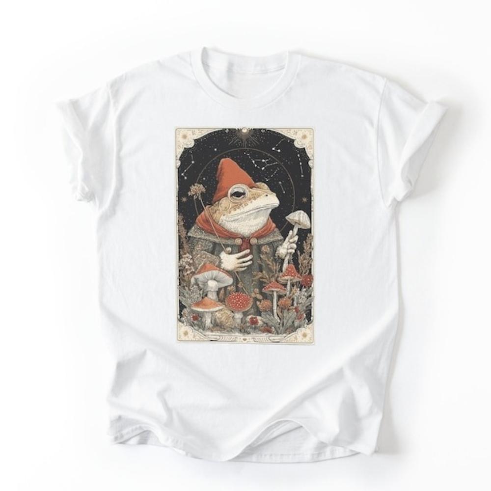 Frog Wizard and Mushroom Tarot TShirt Mystical Spirit Animal Print Shirt Creative Design Unisex Tshirt Men Women Vintage Tee