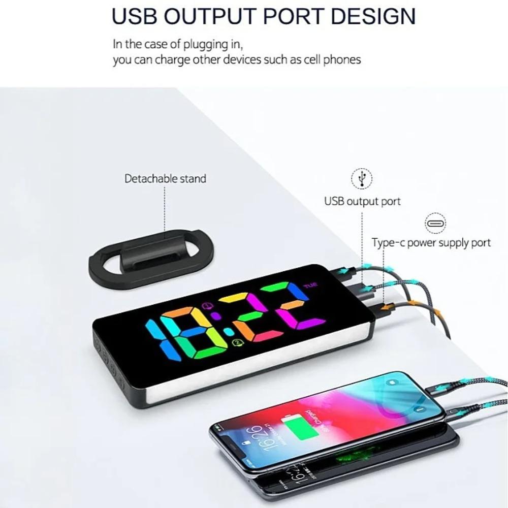 RGB Digital Alarm Clock with RGB Mood Light 2 Alarm Night Mode Unlimited Snooze Table Clock 12/24H Output USB Charging LED Clock