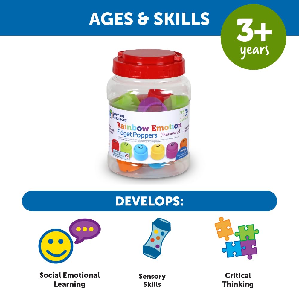Learning Resources Emotion Fidget SEL Authentic Poppers, Rainbow, 24-Piece Set, LER5572,