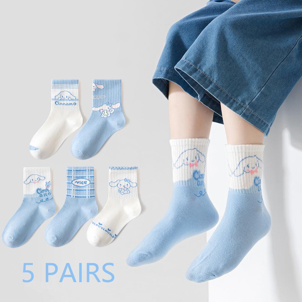 Women Cute Cartoon Mid Calf Socks Breathable Cotton Casual Socks 5 Pairs Pack Comfortable Soft Daily Wear