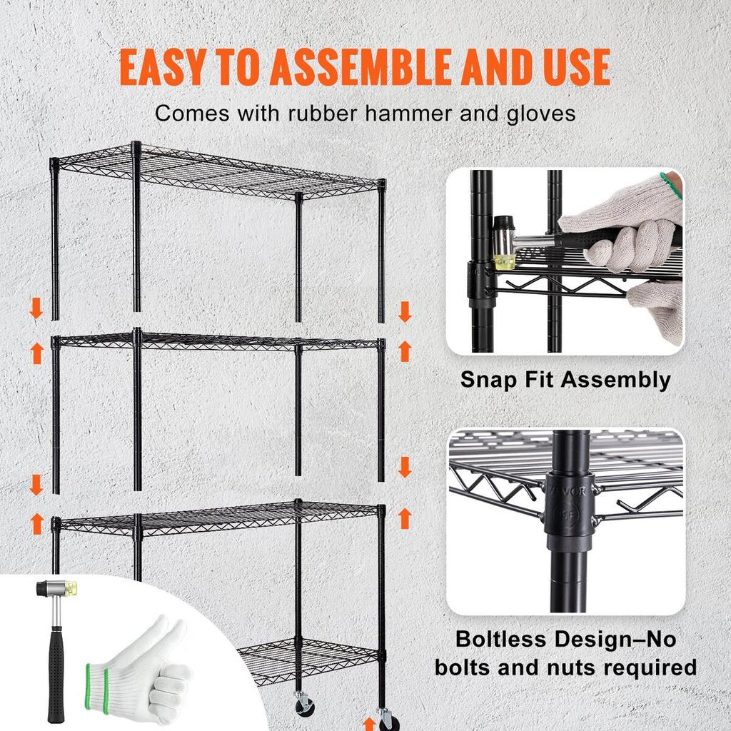 Storage Shelving Unit with Wheels, 4-Tier Adjustable, 700 lbs Capacity, Heavy Duty Garage Shelves Metal Organizer Wire Rack, Black, 47.2" L x 17.7" W