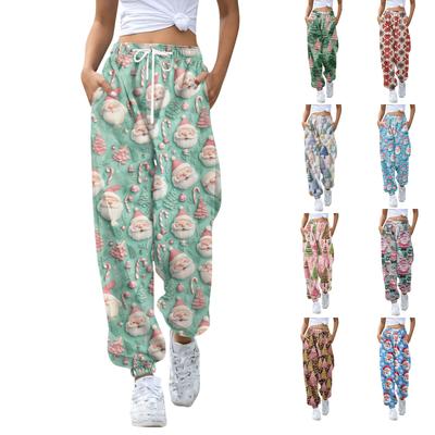 Damen Casual Mode Weihnachtsdruck Jogginghose mit Kordelzugbund und Bündchen an den Beinen