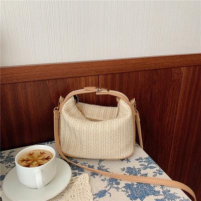 Borsa a tracolla in paglia per donna Borsa estiva bohémien piccola lavorata a maglia e borsetta da donna Borse da spiaggia a secchiello per le vacanze casual