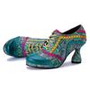 Johnature Genuine Leather Pumps Handmade Splicing Printed Color Contrasting Fashion Women's High Heels