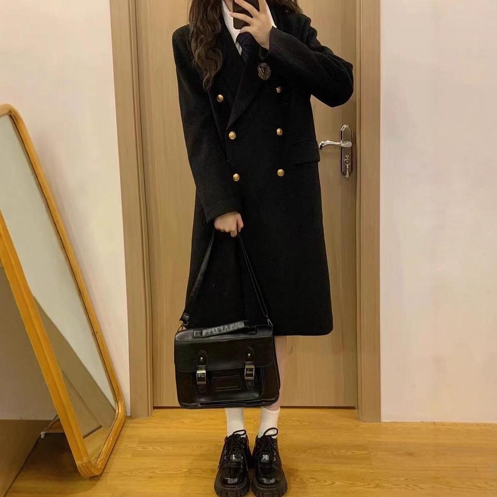Academy-Style JK Uniform Double-Breasted Wool Coat - Black, Mid-Length, High-End Feel, Straight Shoulders, Autumn/Winter.