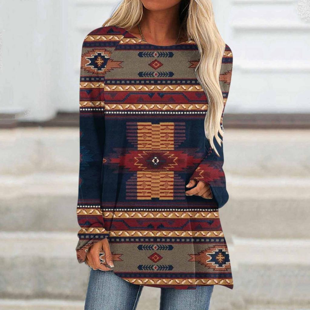 Ethnic tribe geometric print autumn casual comfortable women's long sleeve T-shirt Urban street trend fashion women long sleeve