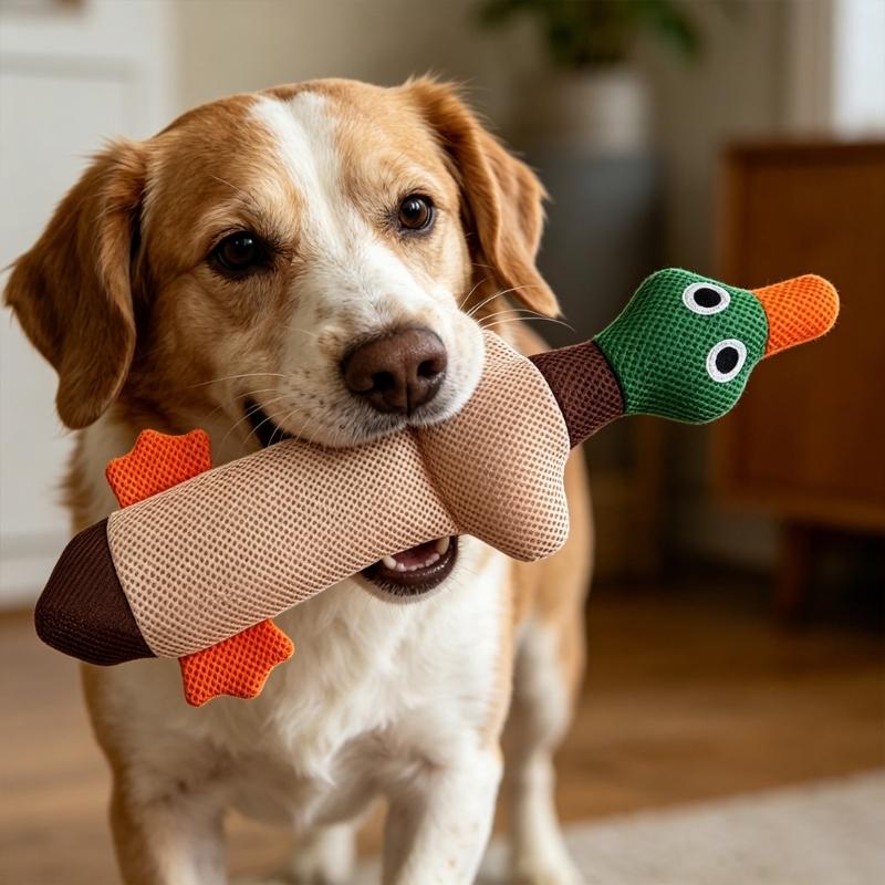 Soft Plush Dog Chew Toy with Squeaker Duck Shape Fetches Toy for Dog to Bites, Carry, Toss, and Play Indoors Daily