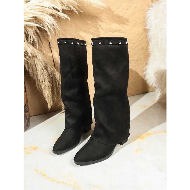 Pointed Toe Plus-size Pleated Sleeve Mid-heel Trouser Boots 2025 Winter New British-style High Boots for Women