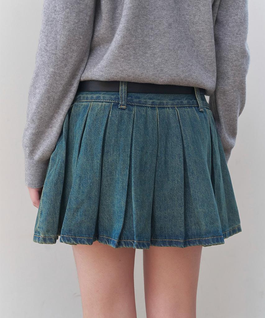 Cool Kitten Pleated Denim Mini Skirt (Blue)