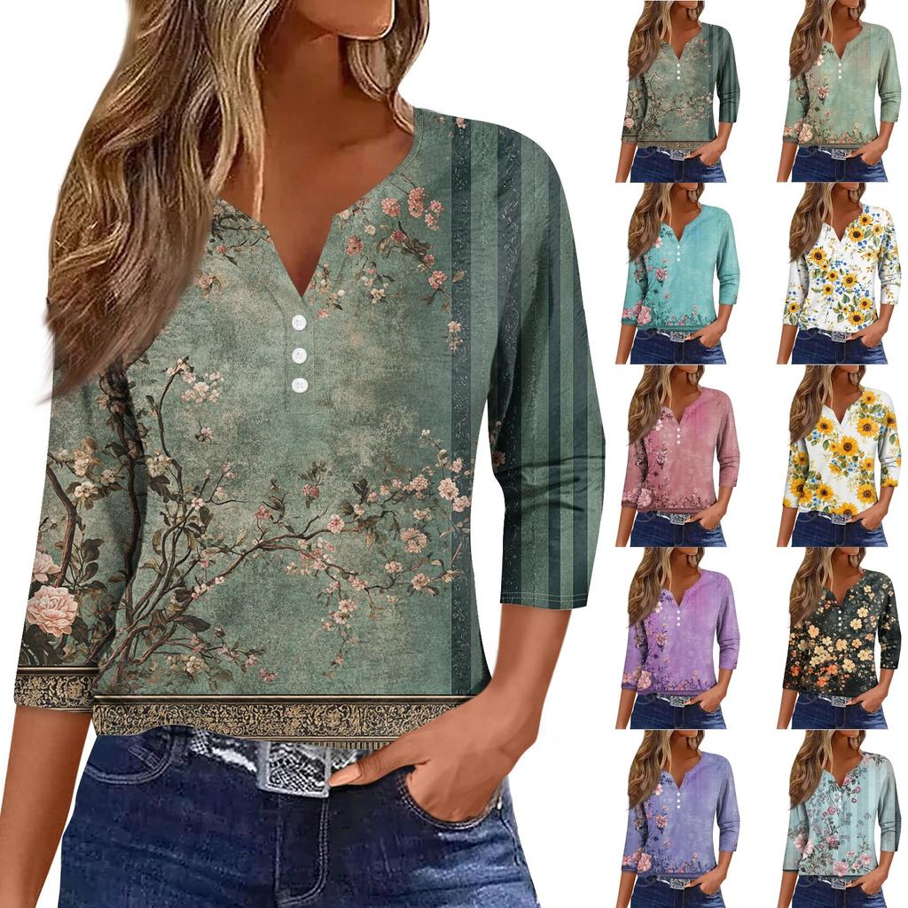 Women's Loose Casual Flower Print Seven Quarter Sleeved V-Neck Top Seven Quarter Sleeved V-Neck Top