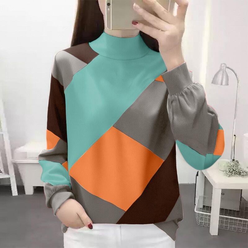 ZANZEA Women Autumn Turtleneck Long Sleeve Contrast Color Knitted Sweaters