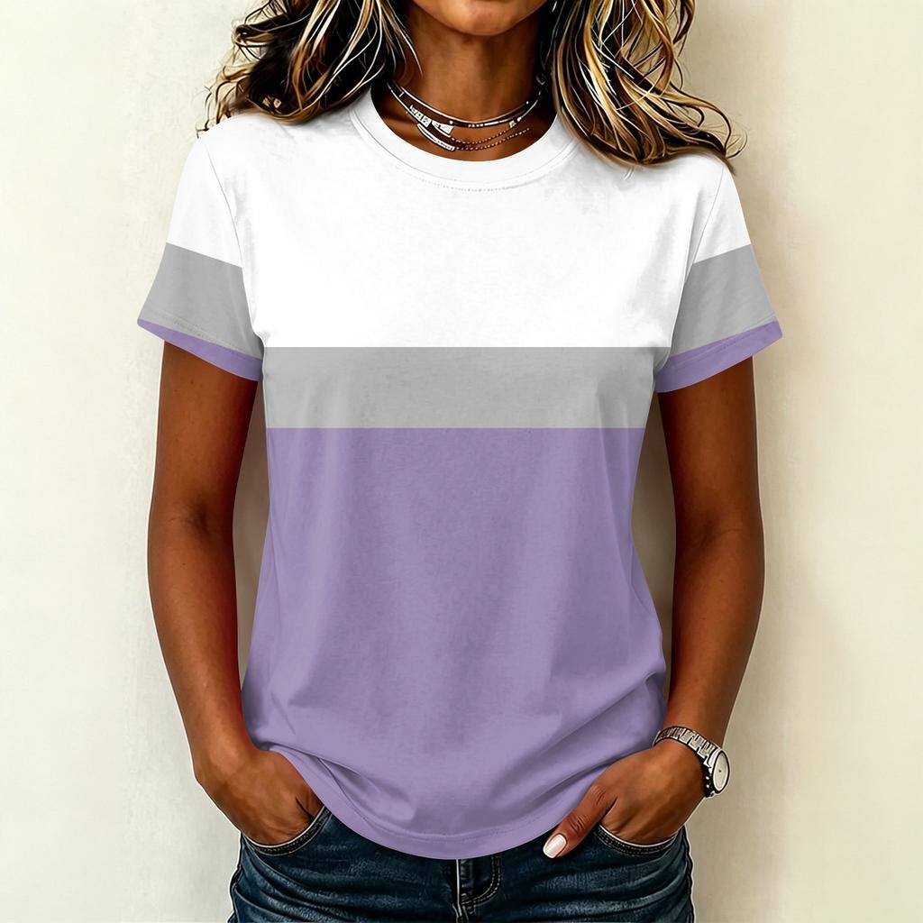 Dames Casual Pullover Korte Mouw T-shirt Kleurblok Bedrukt Top Ronde Hals Lichtgewicht Zachte Stof