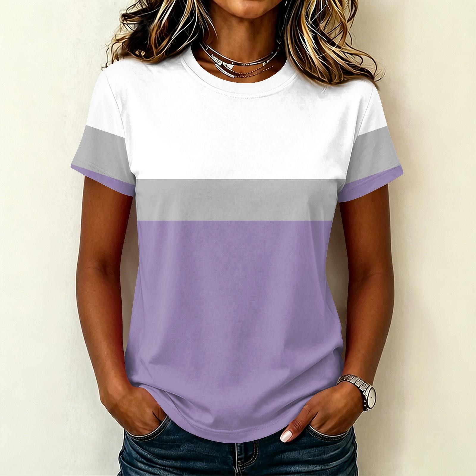 Women s Round Neck Color Block Print Short Sleeve T-Shirt Casual Pullover L