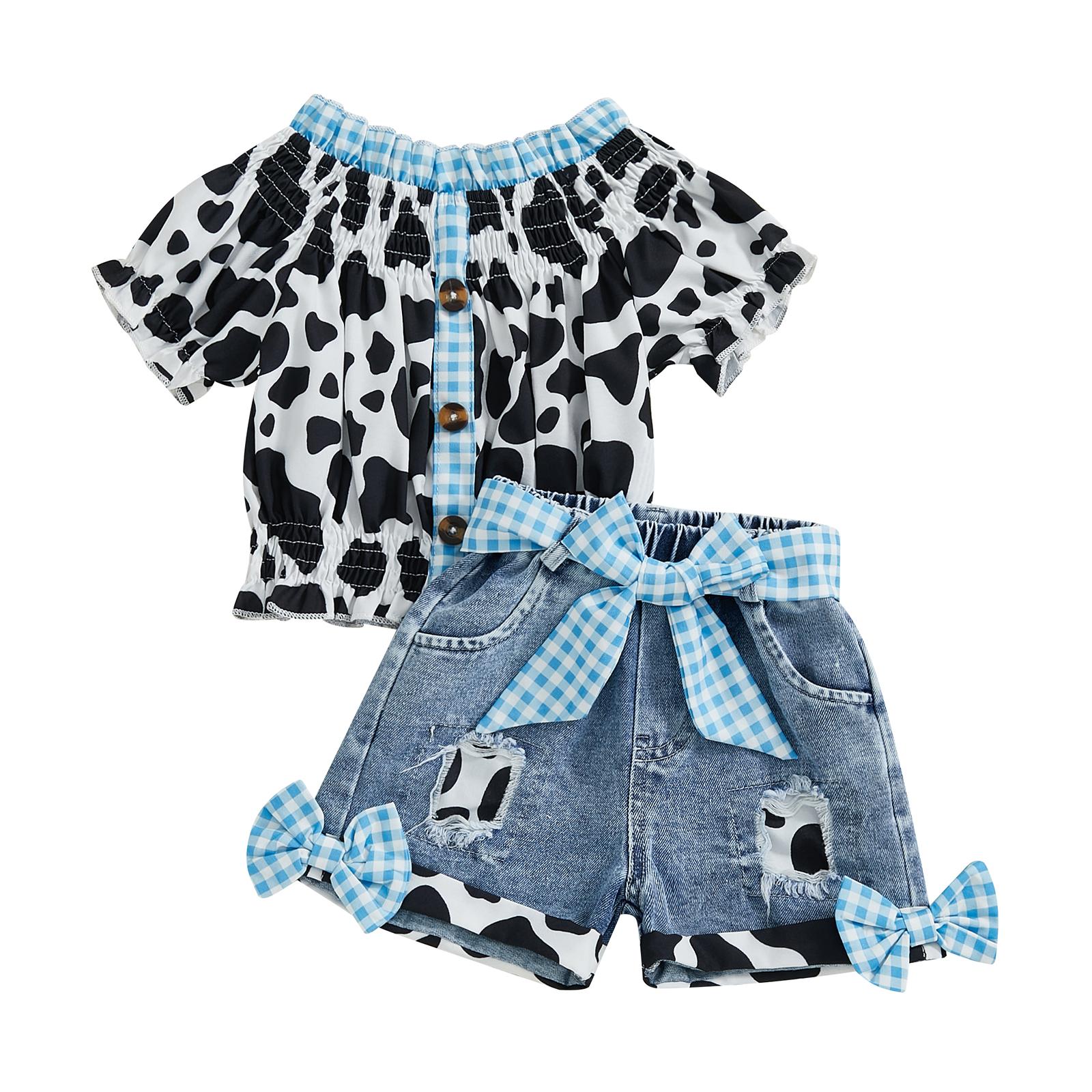 

Toddler Girls Summer Outfit Cow Print Short Sleeve T-Shirt and Elastic Ripped Denim Shorts with Belt Set 4-5 Years