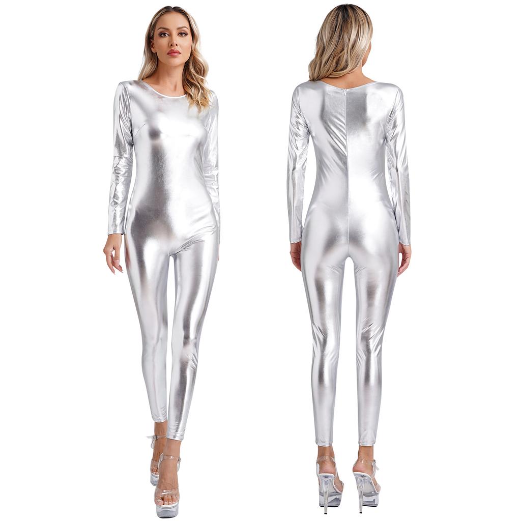 Costume de Festival Body Metalic Dintr-o Bucată pentru Femei Haine de Club Strălucitoare Haine de Dans Mânecă Lungă cu Gât Rotund Croială Slim Fit Body Full Corp Costume de Festival