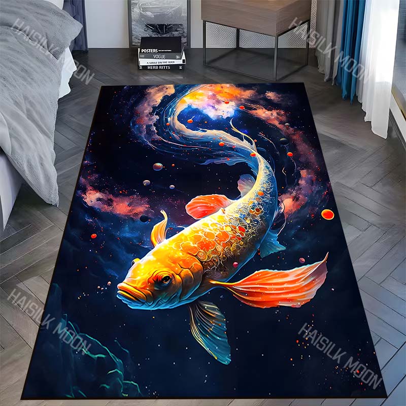 Golden koi in cosmic dream Print Carpet Rug for Living Room Bedroom Sofa Doormat Home Decor Non-slip Floor Mat
