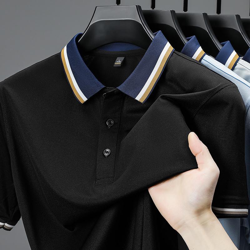 Luxury Fashion Short Sleeve Polo Shirt Men Summer High-end Ice Silk Breathable Personality Striped Color Matching Lapel T-shirt