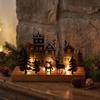 Solid Wood Iron Holder Christmas Town Silhouette Candle Holder, Wooden Tea Light Stand for Indoor Ornament Tabletop Decoration, Metal Festive