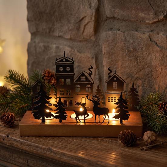 Solid Wood Iron Holder Christmas Town Silhouette Candle Holder, Wooden Tea Light Stand for Indoor Ornament Tabletop Decoration, Metal Festive