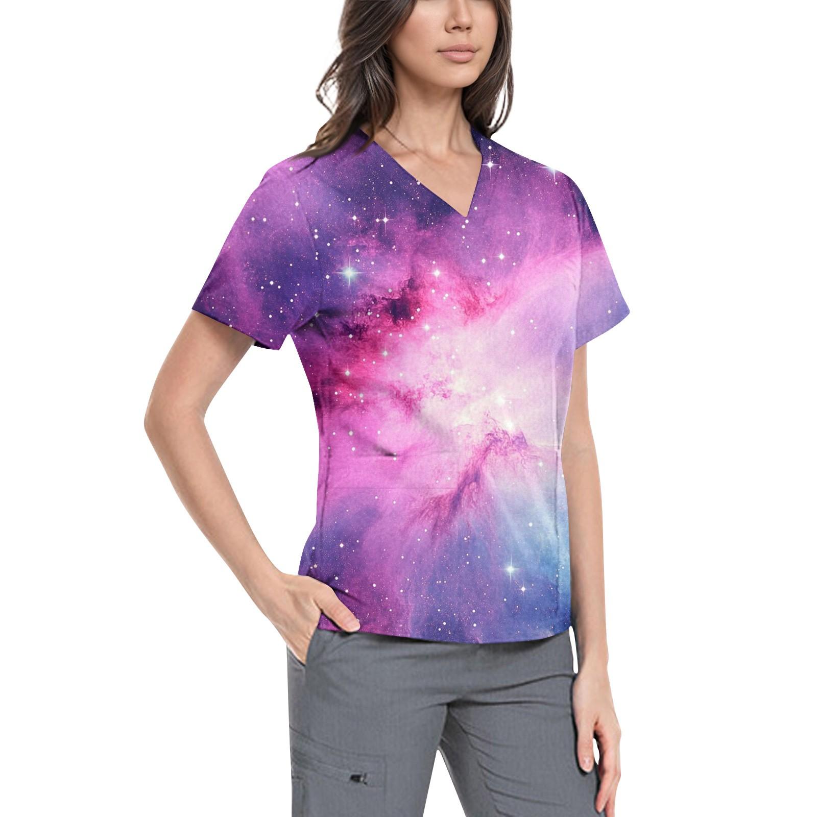 

Женская симпатичная принтованная рабочая одежда с V-образным вырезом, двухслойными карманами, базовым коротким рукавом, пуловером XXXL