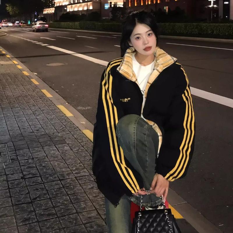 Patchwork Stripe Winter Cotton Coat Women Loose Thick Padded Jacket Casual Outwear