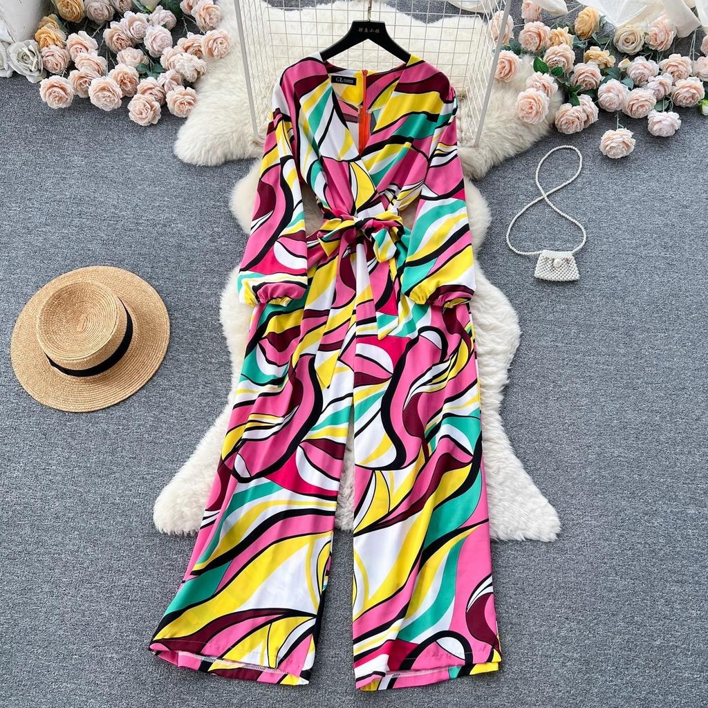 Blauer Overall, Sommer-Jumpsuits für Damen, bedruckt, lässig, hohe Taille, Schnürgurt, sexy Kleidung, Damen-Spielanzug, Overall, Damen-Eleganz