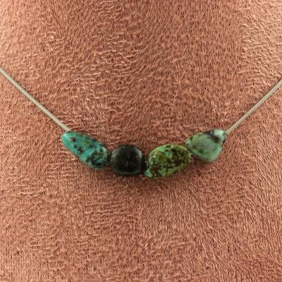 Stones and Minerals. Necklace 4 African Turquoise Beads from Africa Steel Chain Necklace for Women, Men. Customizable Size.