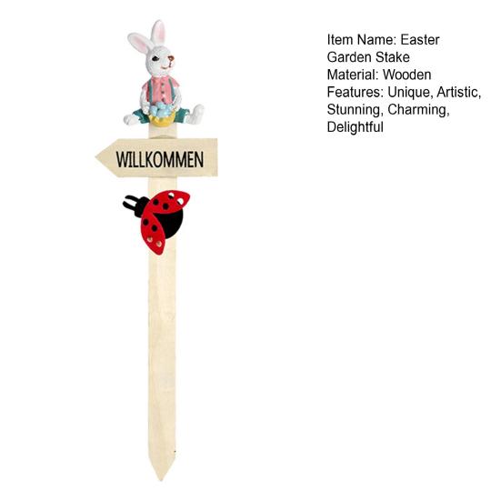 Easter Planter Stakes Wooden Porch Welcome Sign with Ladybug And Resin Bunny for Indoor Outdoor Yard Lawn Path Terrace Flower Pots Decor