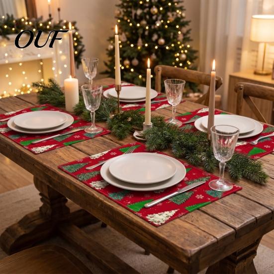 Dining Table Mat 4Pcs Christmas Linen Placemat Set, Cartoon Snowman Gingerbread Gnome Durable Mats Mat, Heat Resistant Place for Holiday Party