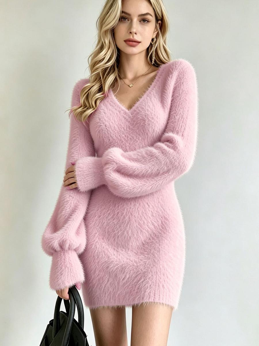 Herbst Winter Grobstrick V-Ausschnitt Langarm Kleid für Damen XL rot