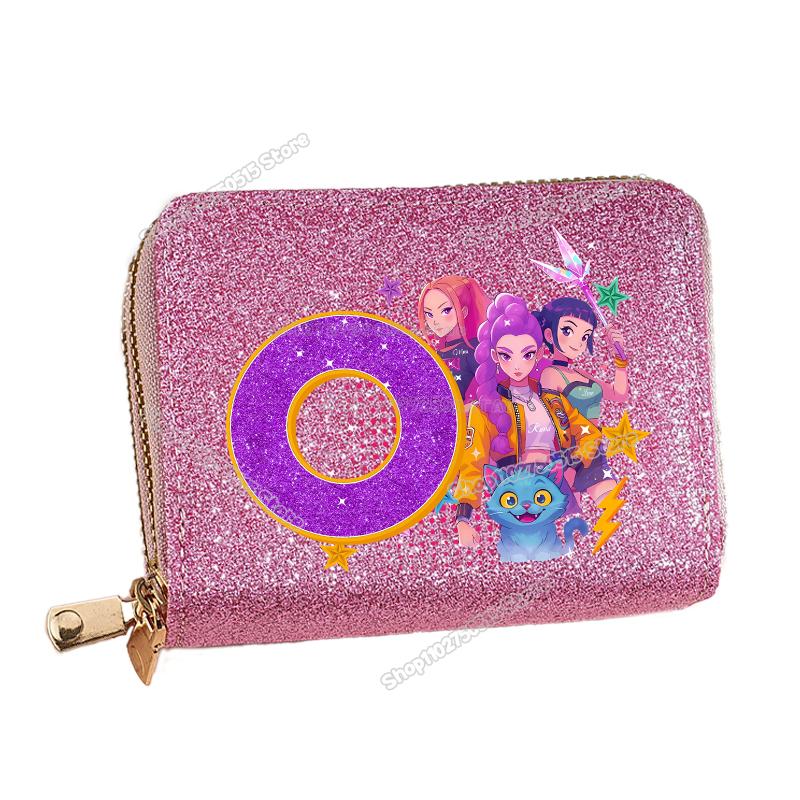 Korean Pop Demon Hunters Letter A-Z Women Short Wallet Bling Sequin Pu Leather Wallets Zipper Coin Purse ID Card Holder Girl Purse