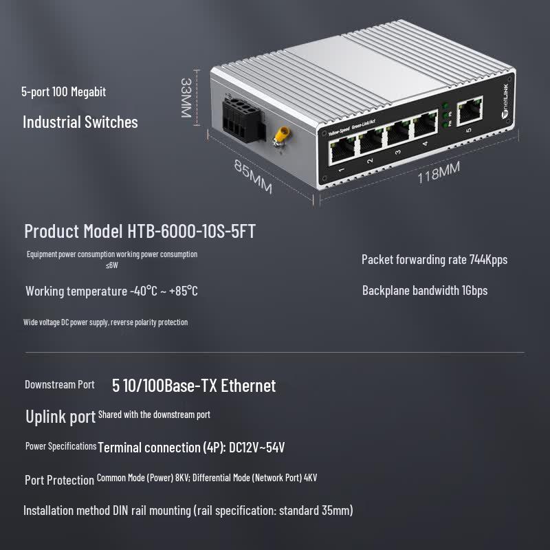 netLINK HTB-6000-10S-5FT 5-Port 100M Industrial DIN-Rail Switch