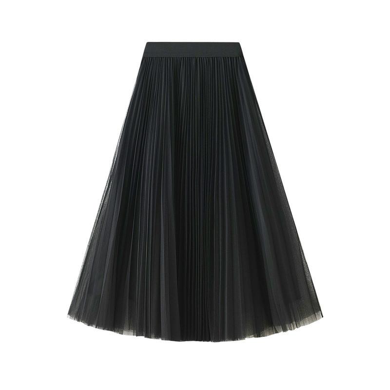 

Qooth Elegant Women A Line Tulle Pleated Skirt Wide Hem Mid Length Elastic Waist Casual Skirt QT2691 One Size