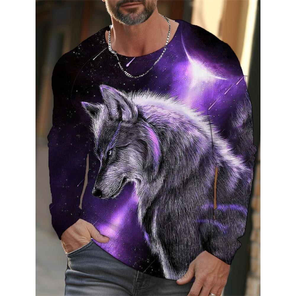 Long-sleeve 3D printed wolf pattern stylish T-shirt, men's street casual, round-neck trendy T-shirt