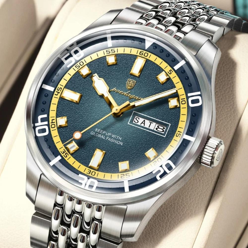 POEDAGAR Luxury Military Man Watch Casual Waterproof Luminous Date Week Men Watch Stainless Steel Quartz Men's Watches Reloj+Box
