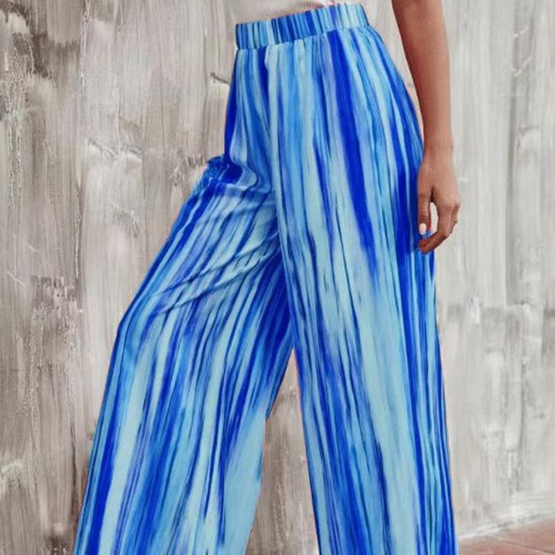 

Длинные брюки в полоску с принтом для женщин, летние эластичные широкие брюки с высокой талией, повседневные свободные дышащие легкие длинные брюки для работы и отдыха S синий