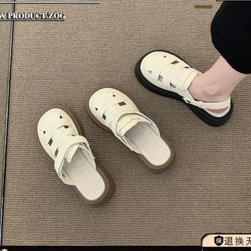 [Yushilai] Two women wearing hollowed-out bag head Roman sandals 2025 summer new Dongdong Mori thick-soled half-slippers
