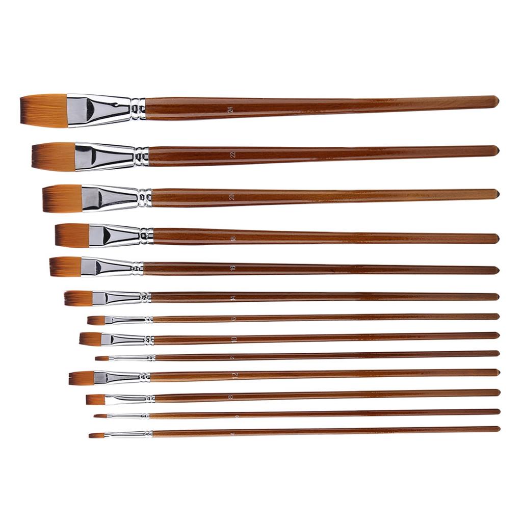 13Pcs Nylon Hair Watercolor Oil Painting Flat Brush Set Wooden Handle Professional Art Supplies