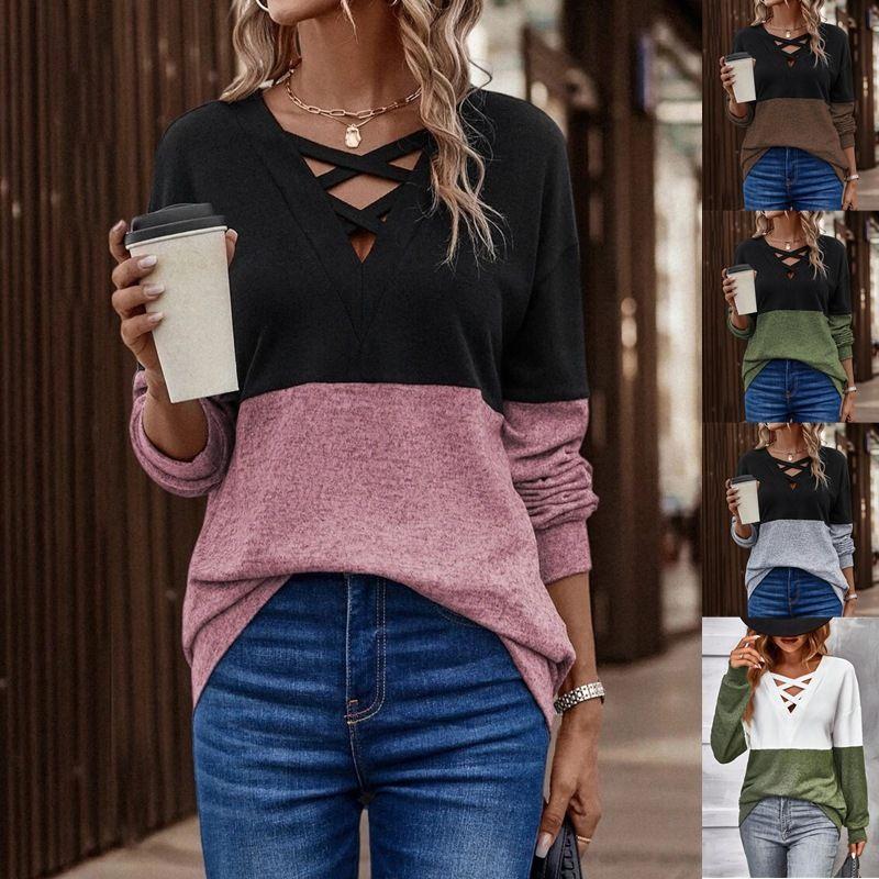

2025 Cross Color Splicing off Shoulder Sleeve Casual Top Black Spell Powder XXL