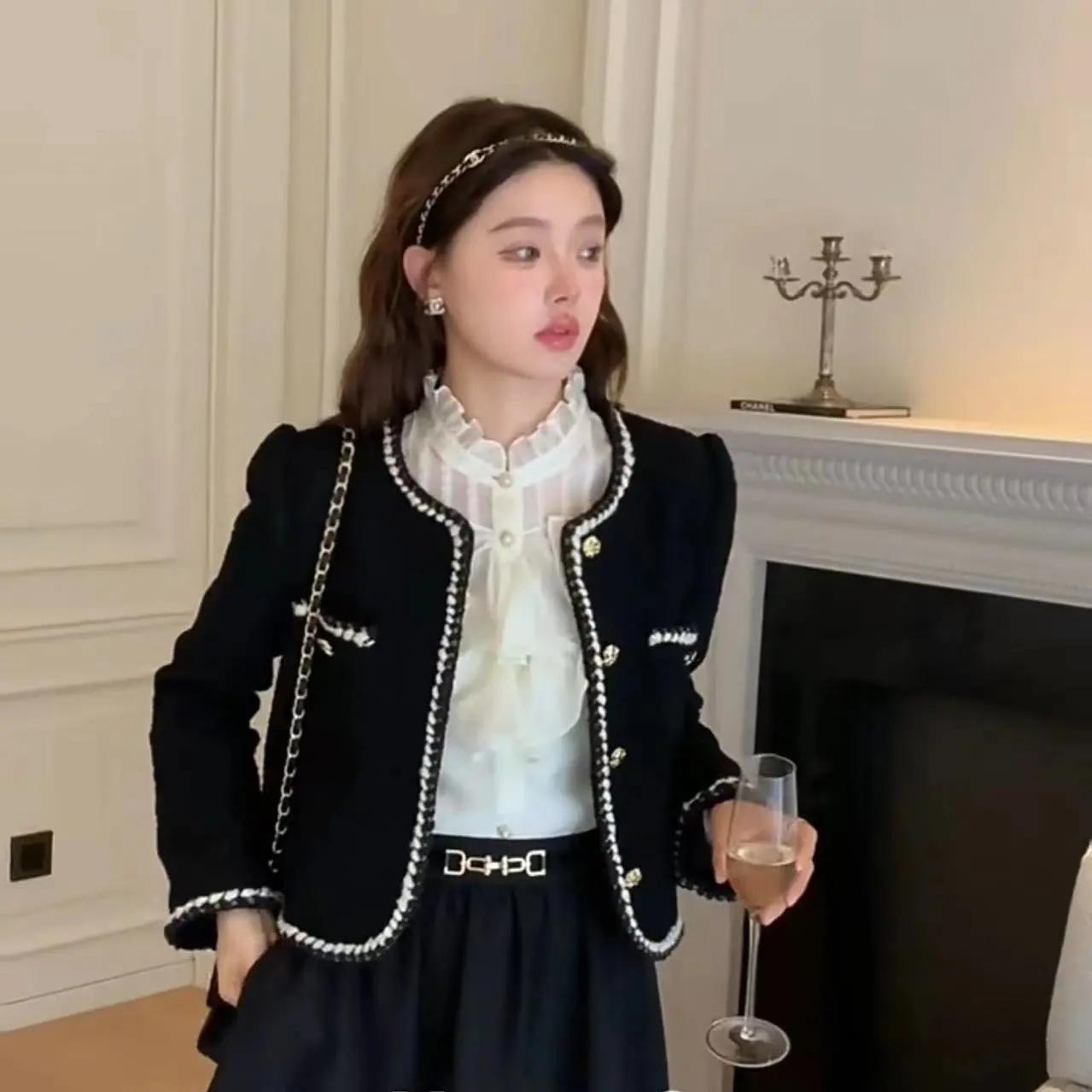 

Женская ароматная куртка на весну и осень, короткий высококачественный темпераментный женский твидовый топ в стиле ретро XS чёрный