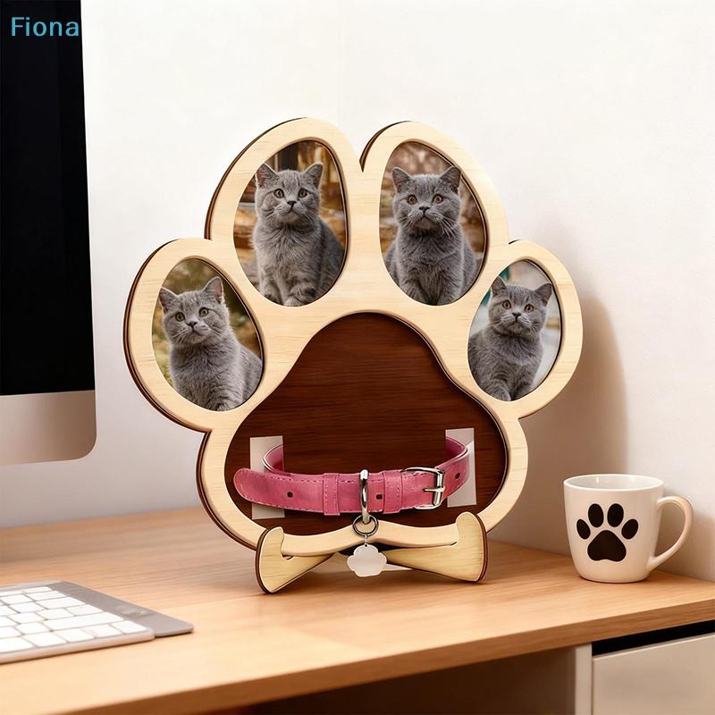 Paw-Shaped Pet Photo Frame - Wooden Multi-Photo Display with Collar Holder for Cat/Dog Lovers