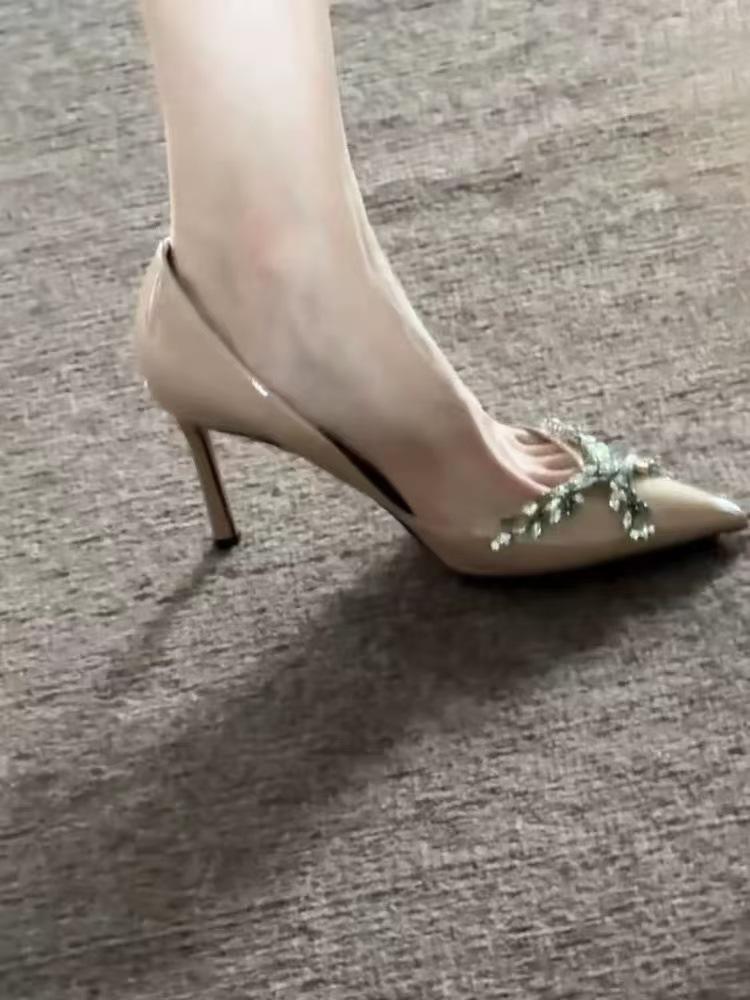 

New summer word with nude rhinestone high heels sexy pointed temperament bag head sandals women s stiletto 34