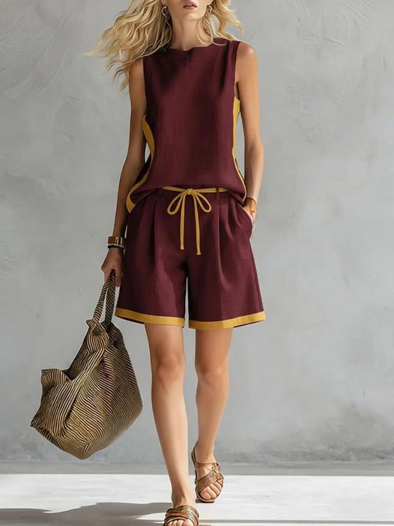 2026 European & American Sleeveless Color Block Wide-Leg Pantsuit - Summer Casual Fashion Two-Piece Set for Women