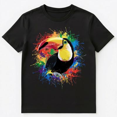 Buntes Farbspritzer-Tukan-Kunst-Grafik-Unisex-T-Shirt Oberteile T-Shirts Unisex