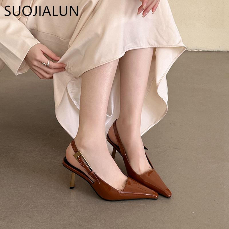 Fashion SUOJIALUN 2024 Spring New Band Women Pumps Shoes Fashion Shallow Slip On Slingback Sandals Thin High Heel Dress Sexy Pumps Shoes