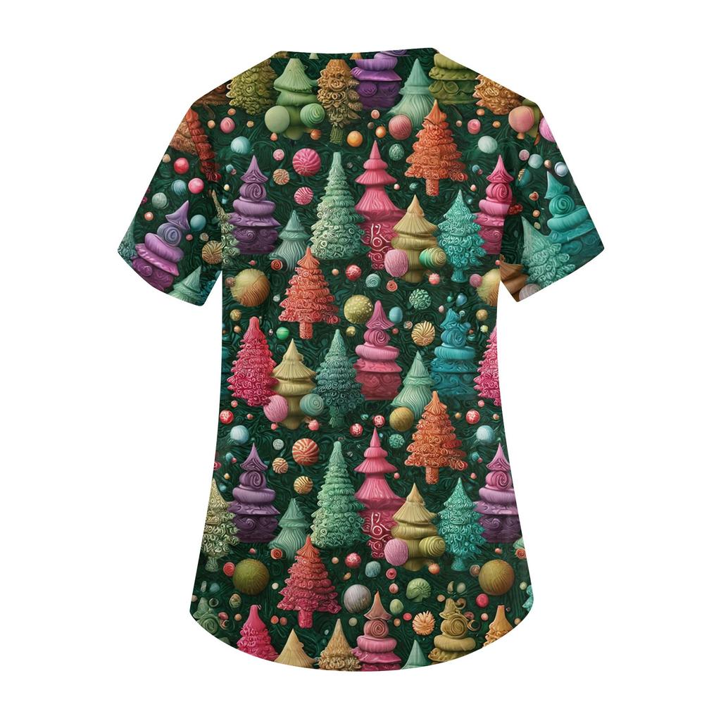 Dámské módní pracovní oděvy s krátkým rukávem a výstřihem do V s kapsami Vánoční topy s potiskem