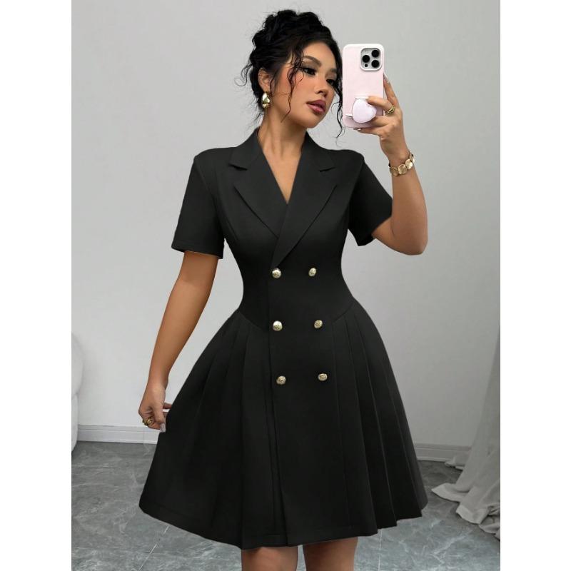 YYFS Women's Fashion Summer Spring Solid Color Print Short Sleeve POLO Neck High Waist  Casual Dresses
