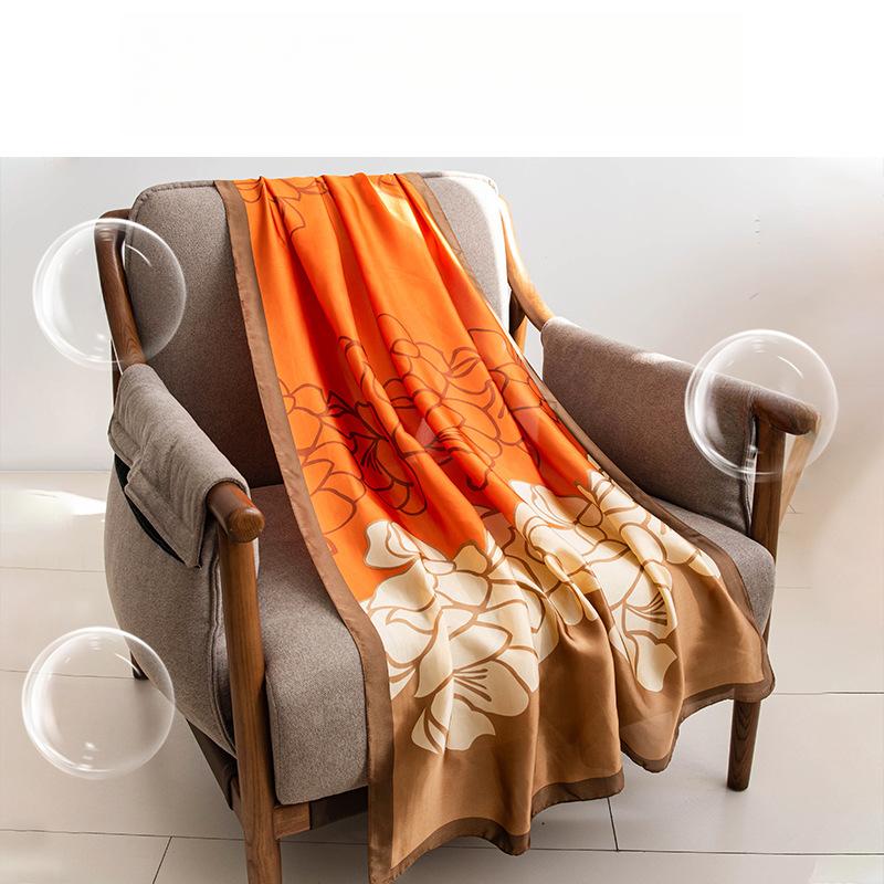 Temperament Color Matching Flower Long Imitation Silk Scarf Orange Khaki Printing Spring and Autumn Versatile Sunscreen Large Shawl